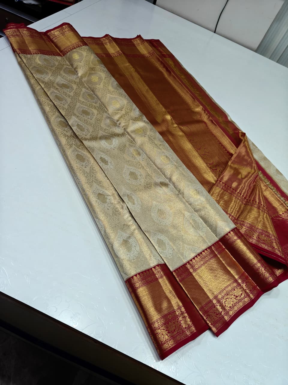 Cream and Red Kanchipuram Bridal Saree
